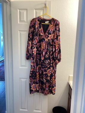 Molly Bracken Navy Floral Long-Sleeve Midi Dress with Colorful Accents